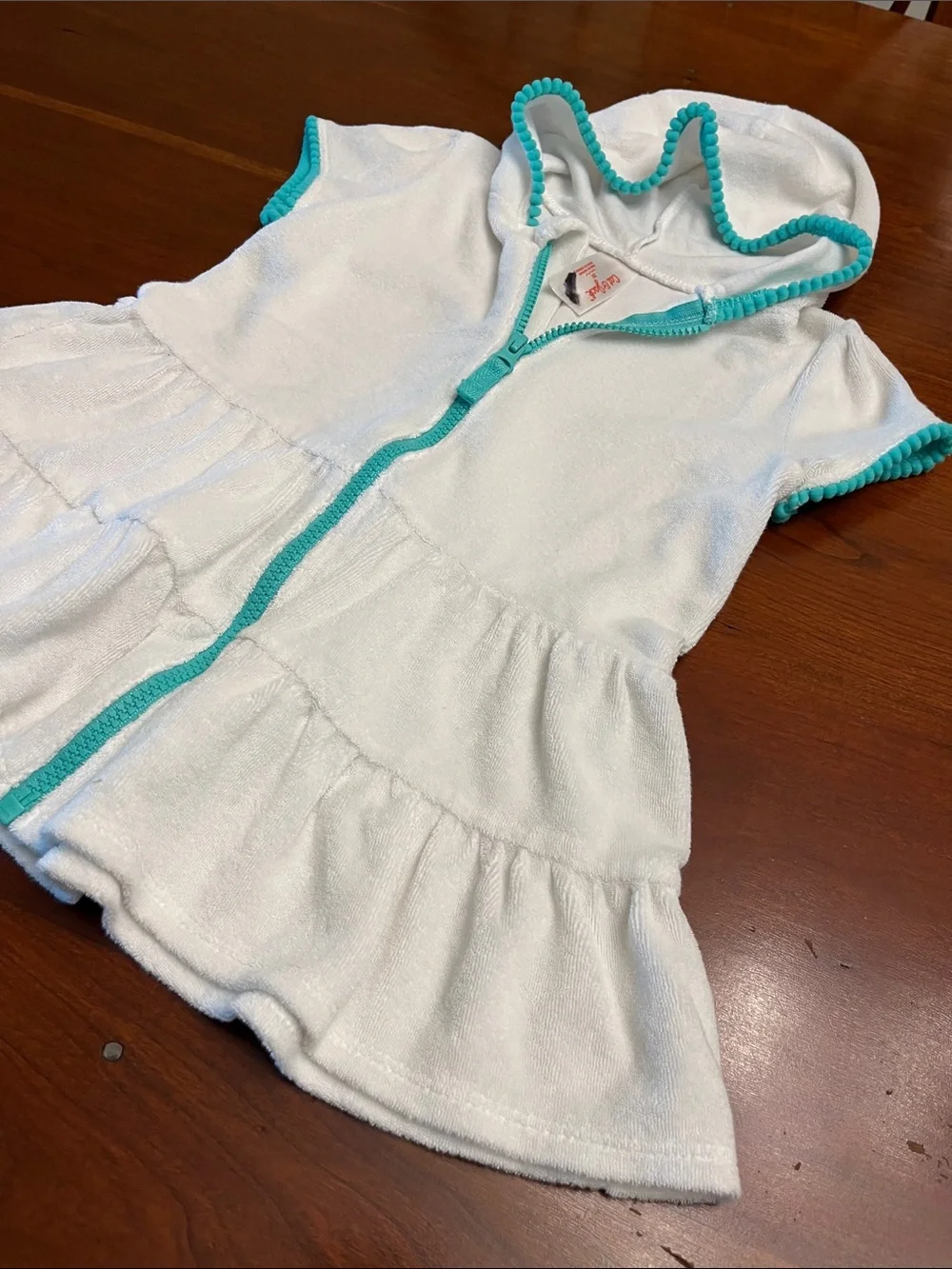 Cat & Jack White Hooded Zip-Up Swim Cover Up with Turquoise Trim